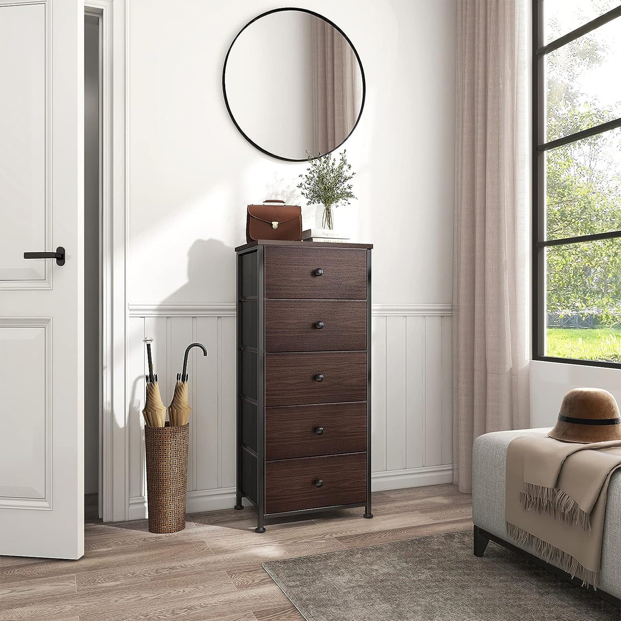 REAHOME Vertical Metal Tower Dresser w/5 Fabric Drawer Bins, Rustic Brown (Used) - VMInnovations