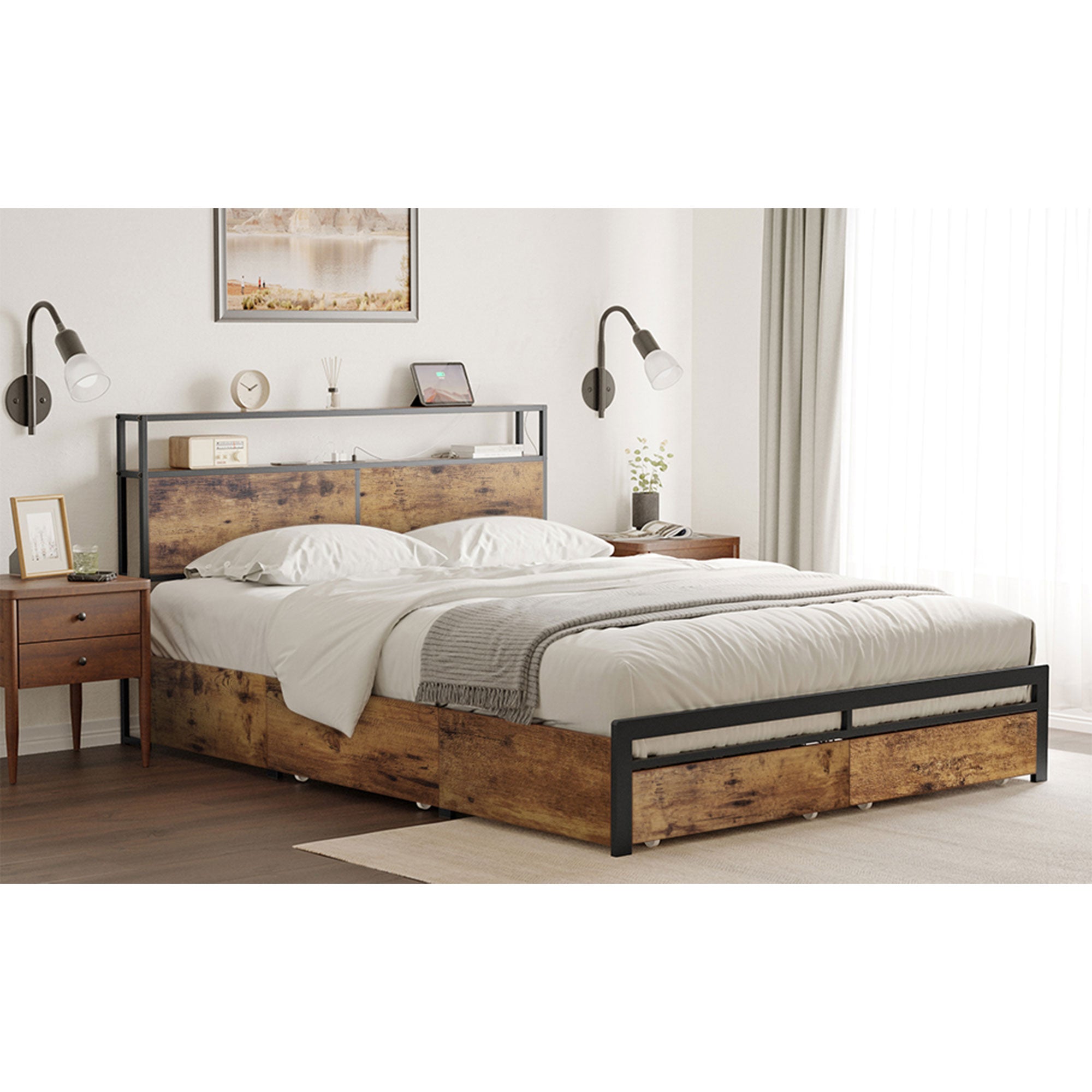 HAUSOURCE Queen Bed Frame w/Headboard, Drawers & Outlets, Rustic Brown(Open Box) - VMInnovations