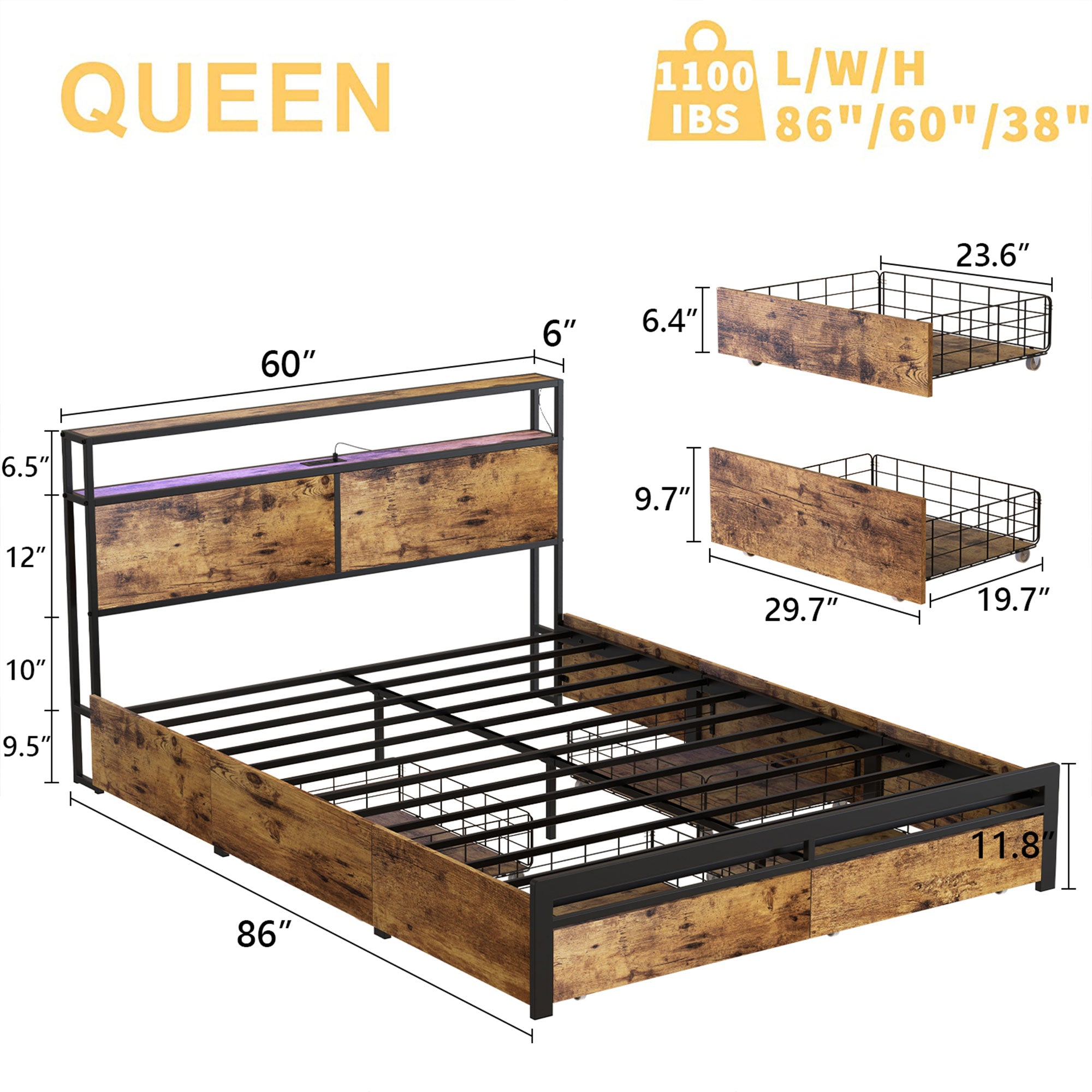 HAUSOURCE Queen Bed Frame w/Headboard, Drawers & Outlets, Rustic Brown(Open Box) - VMInnovations
