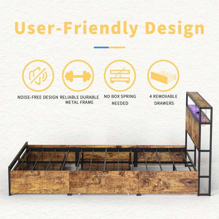 HAUSOURCE Queen Platform Bed Frame w/ Headboard, Drawers & Outlets, Rustic Brown - VMInnovations