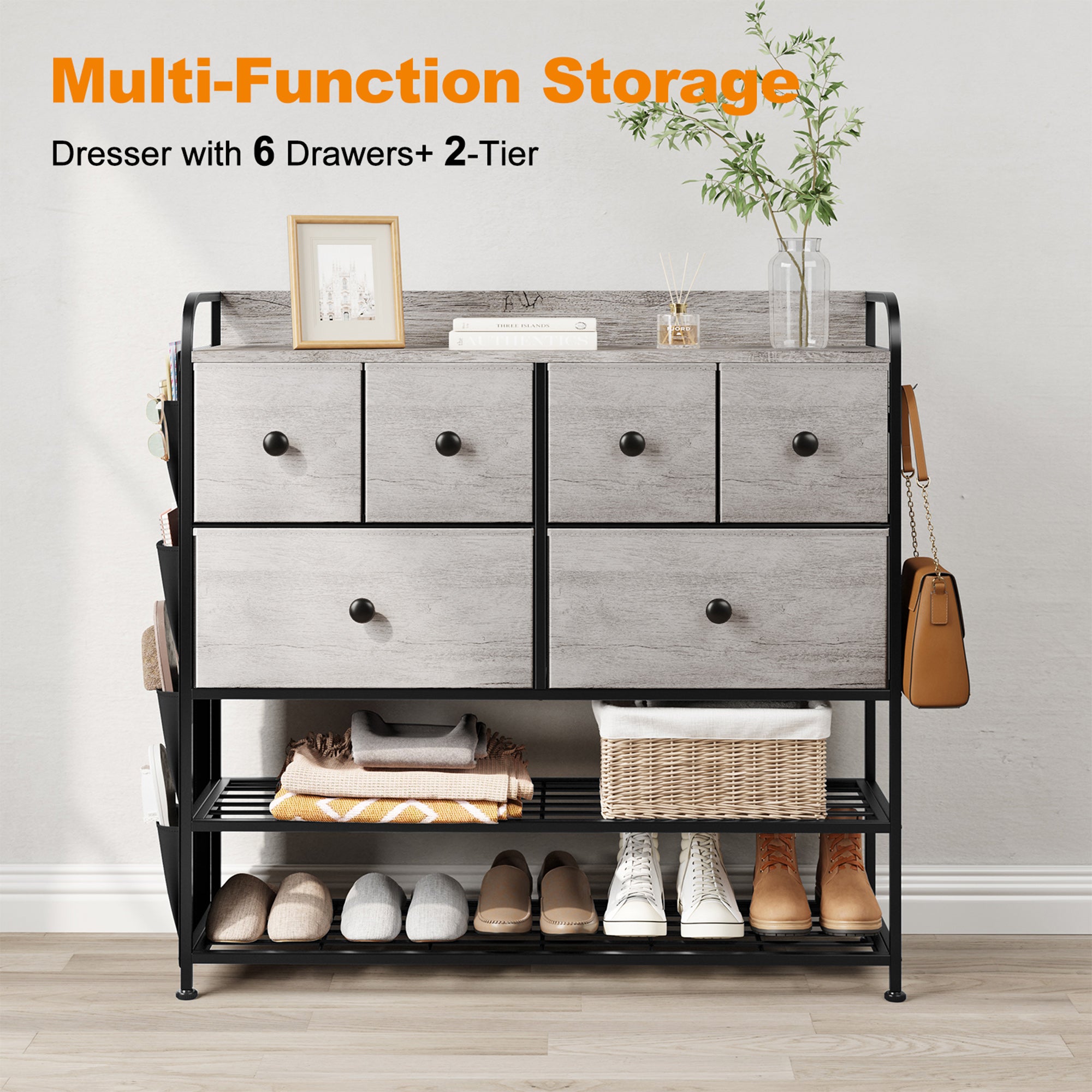 REAHOME 6 Fabric Drawer Dresser w/2 Tier Storage Shelf & Pockets,Taupe(Open Box) - VMInnovations