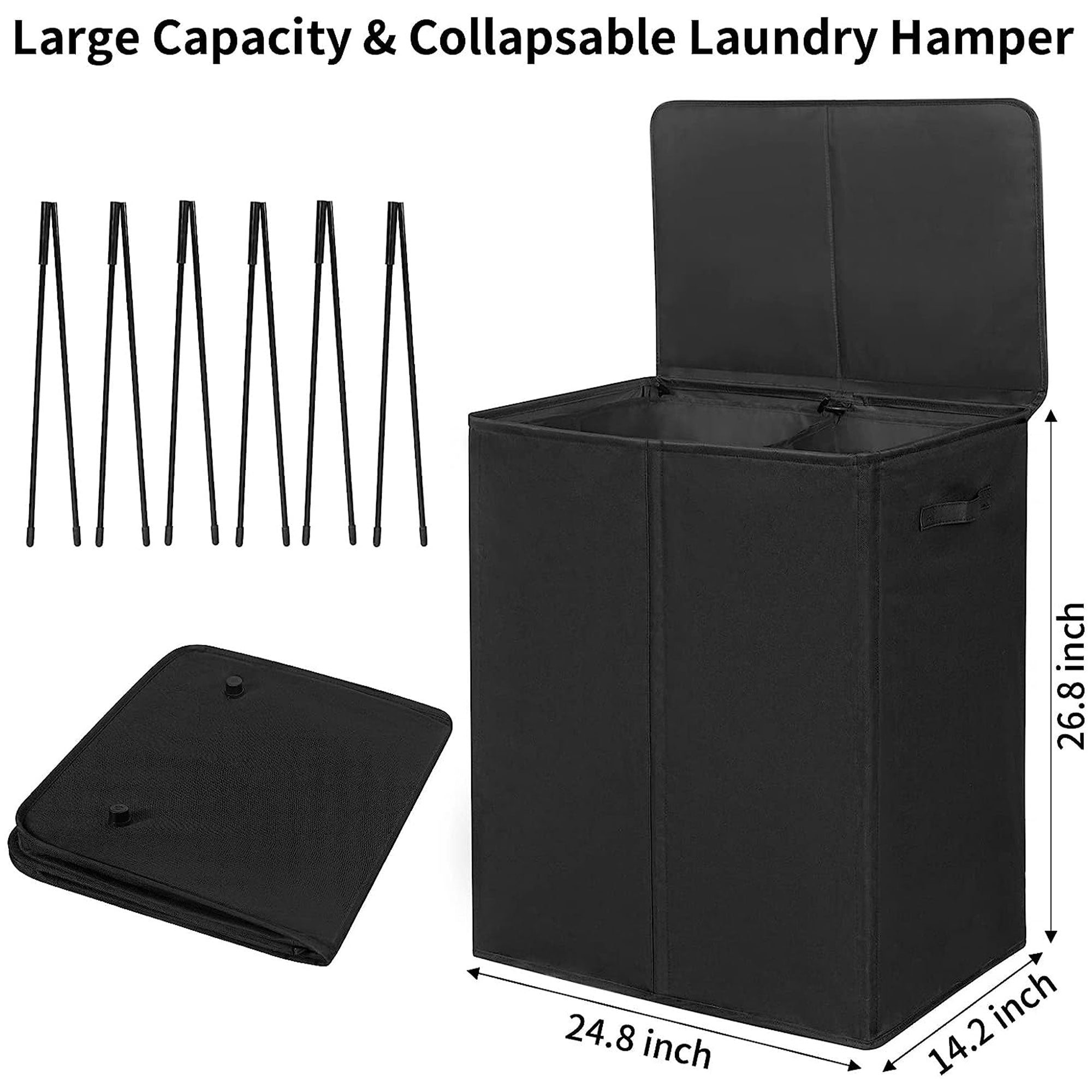 WOWLIVE 154L Fabric Double Hamper w/Lid and Removable Bags, Black (Open Box) - VMInnovations