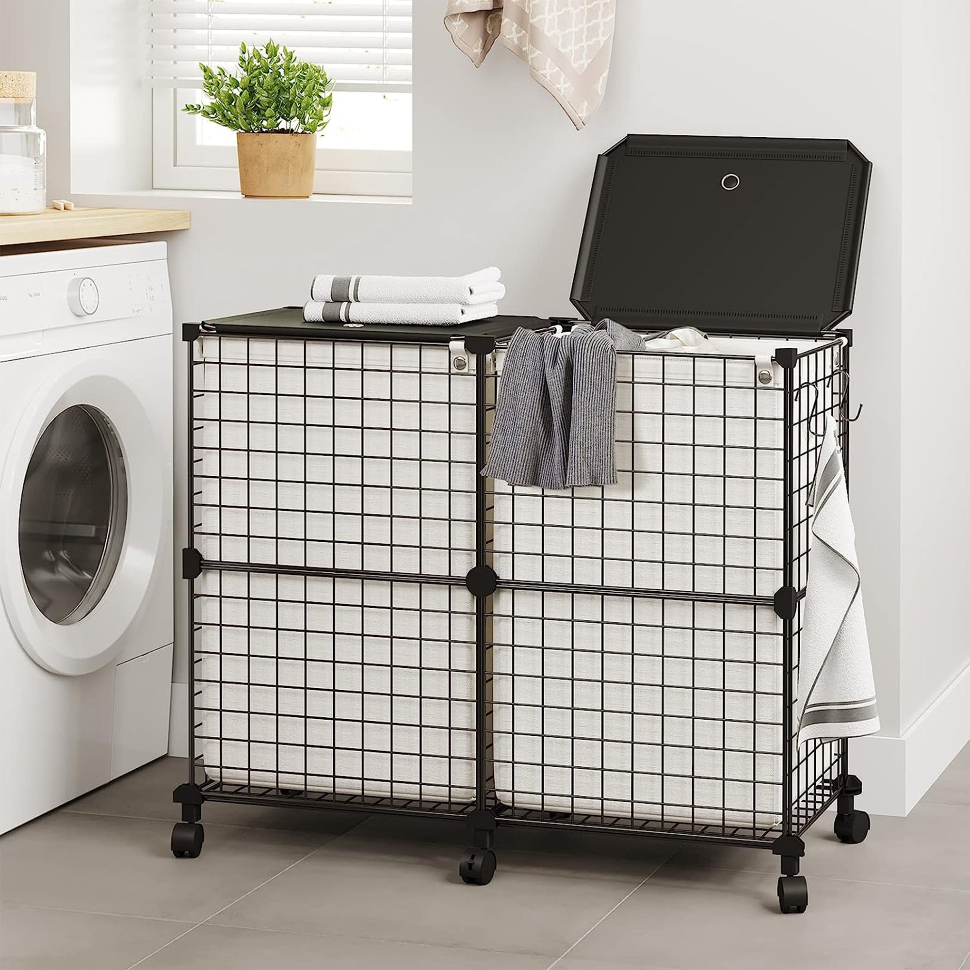 WOWLIVE Double 144L Iron Laundry Hamper w/Lid, Wheels,& Removable Bags(Open Box) - VMInnovations