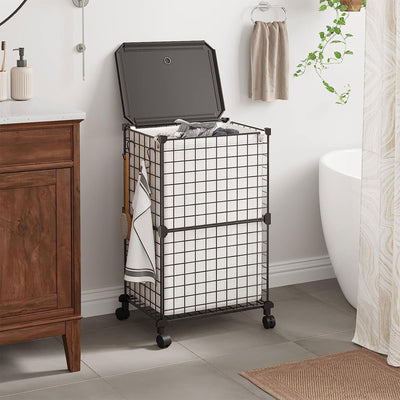 WOWLIVE Single 72L Iron Wire Laundry Hamper with Lid, Wheels, & Removable Bag