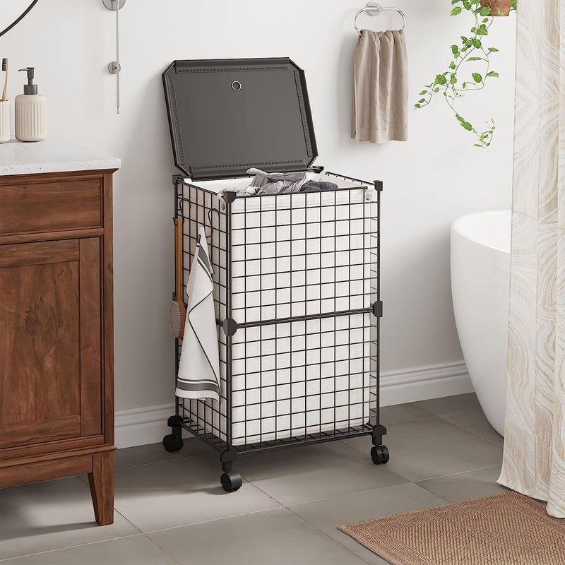 WOWLIVE Single 72L Iron Wire Laundry Hamper with Lid, Wheels, & Removable Bag