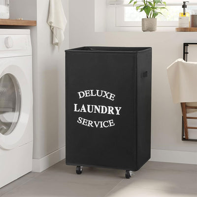 WOWLIVE 90L Foldable Rectangular Deluxe Laundry Service Rolling Basket, Black