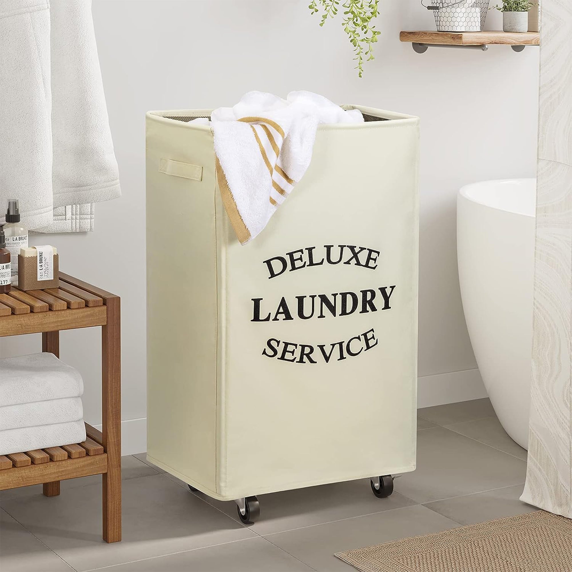 WOWLIVE 90L Foldable Rectangular Deluxe Laundry Rolling Basket, Beige (Open Box) - VMInnovations