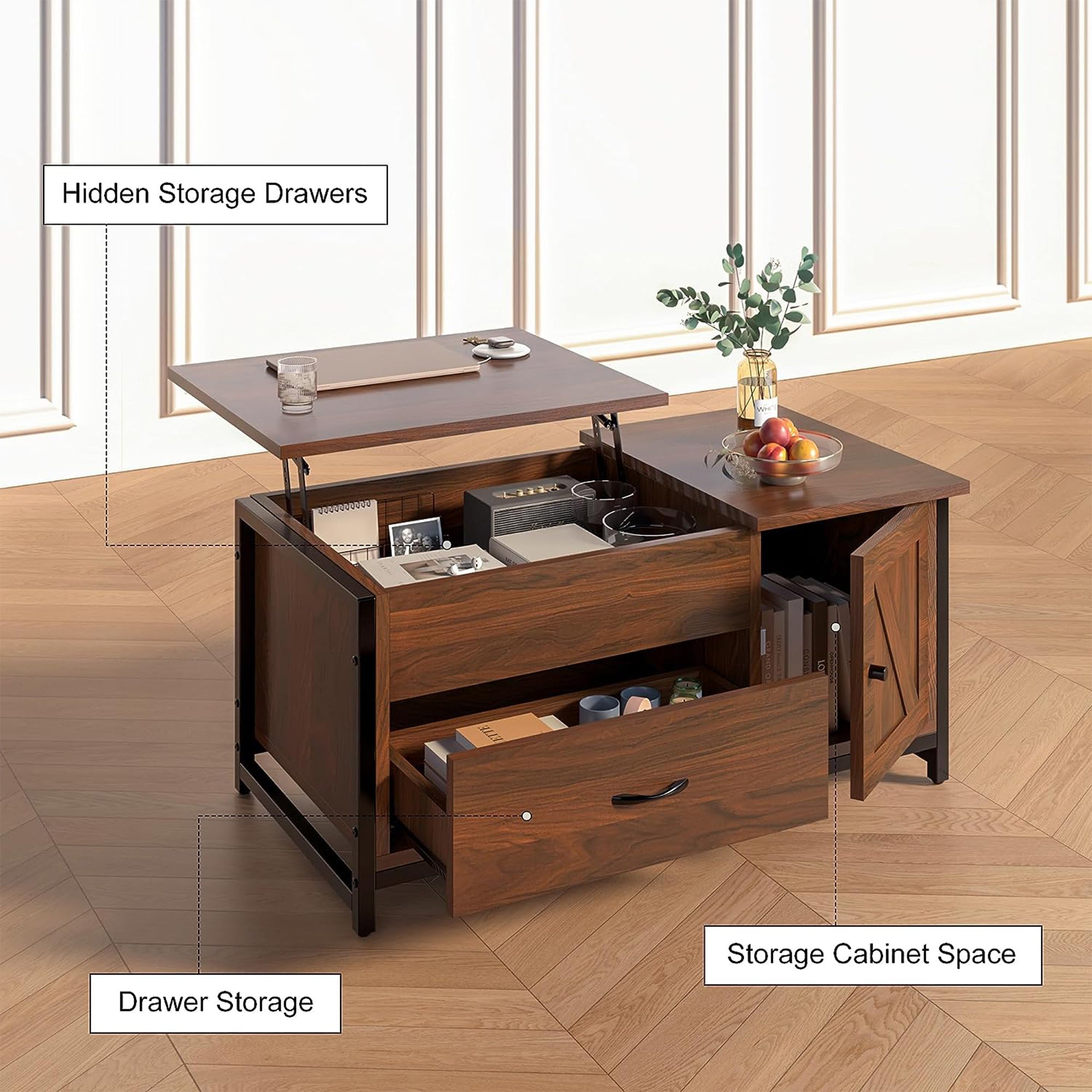 FABATO Lift Top Coffee Table w/Storage Drawer & Compartment, Espresso (Open Box) - VMInnovations