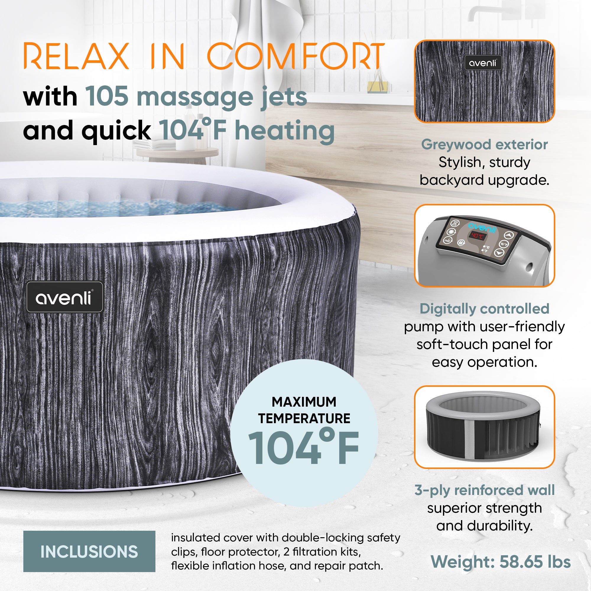 JLeisure Greywood 65 Inch 3 Person Inflatable Round Outdoor Hot Tub Spa, Gray - VMInnovations
