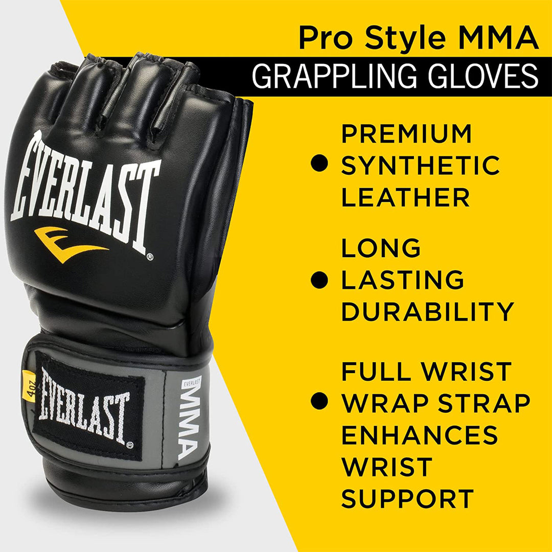 Everlast Pro Style MMA Grappling Training Gloves w/Full Wrist Strap, L/XL, Black - VMInnovations