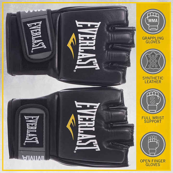 Everlast Pro Style MMA Grappling Training Gloves w/Full Wrist Strap, L/XL, Black - VMInnovations