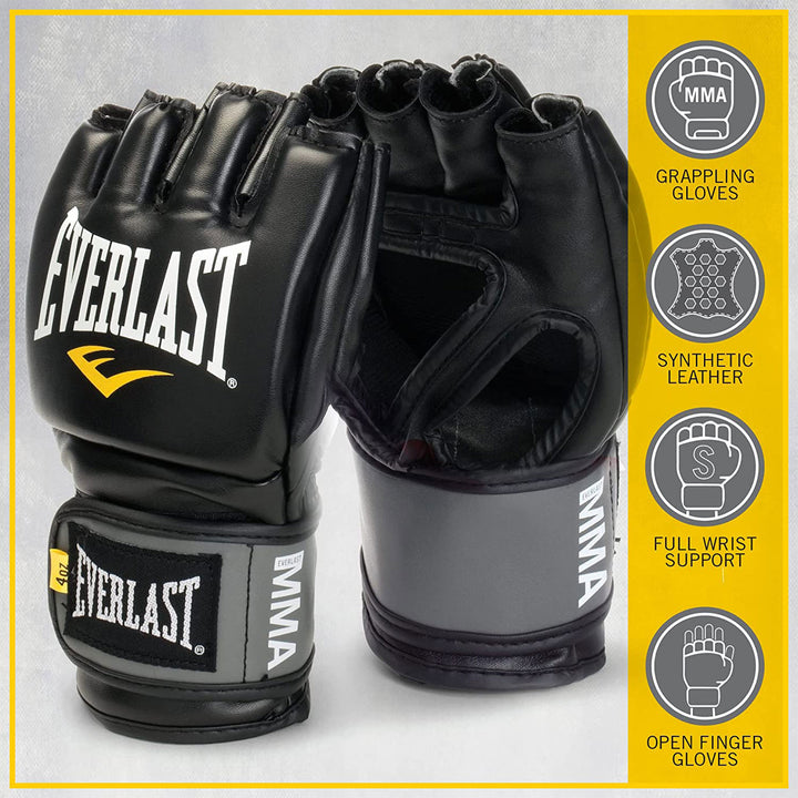 Everlast Pro Style MMA Grappling Training Gloves w/Full Wrist Strap, L/XL, Black - VMInnovations
