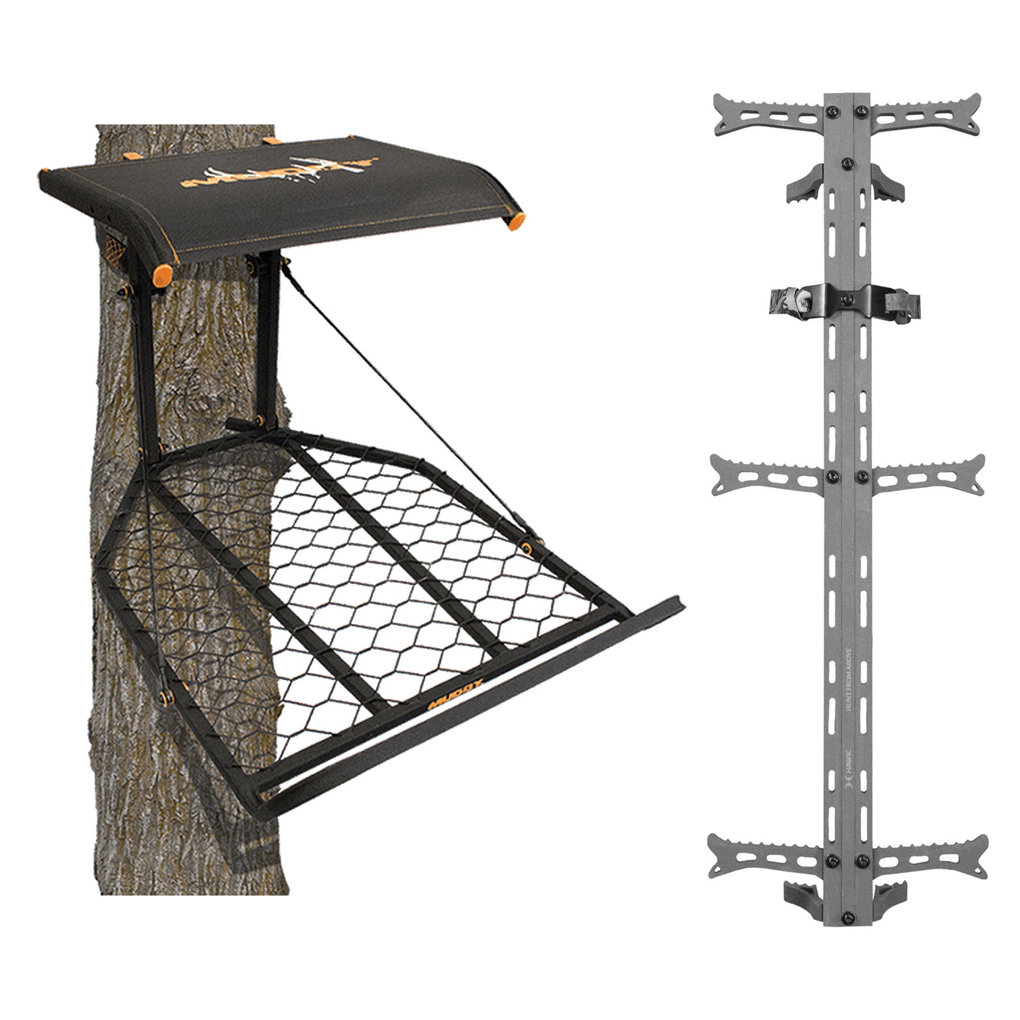 Muddy The Boss XL Hang On Tree Stand & Hawk Helium Set of 3 Climbing Sticks - VMInnovations
