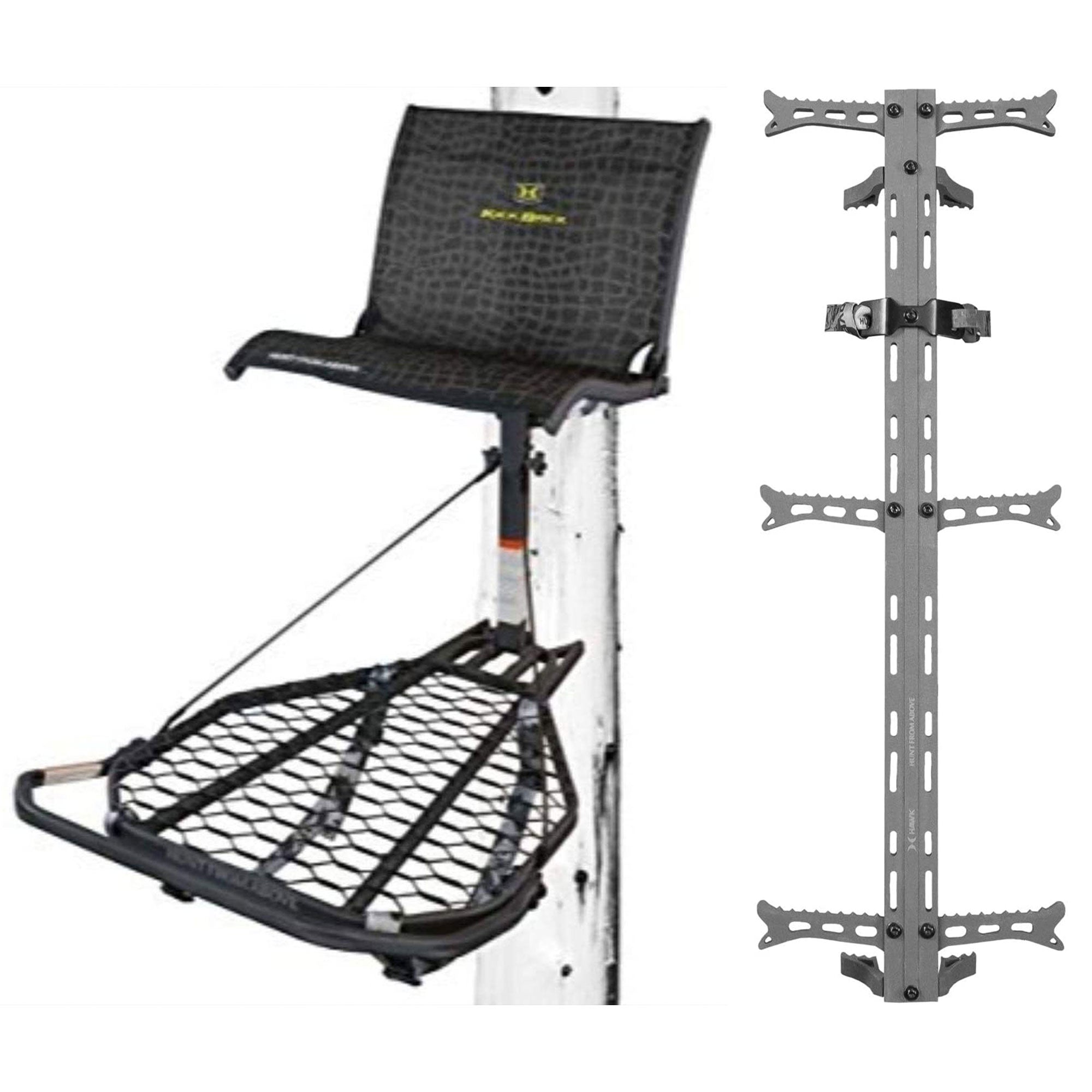 Hawk Kickback LVL Hang On Tree Stand with Footrest & Set of 3 Climbing Sticks - VMInnovations