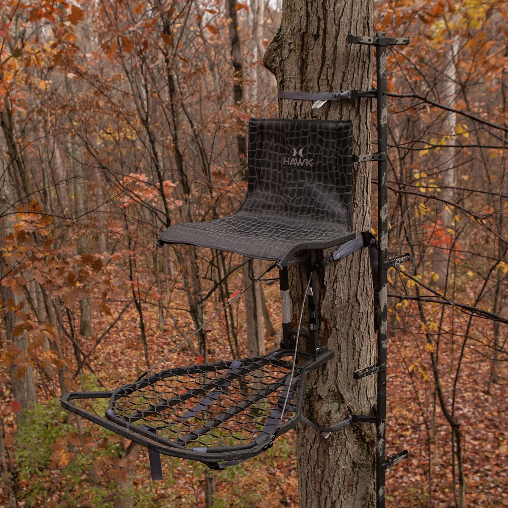 Hawk Kickback LVL Hang On Tree Stand with Footrest & Set of 3 Climbing Sticks - VMInnovations