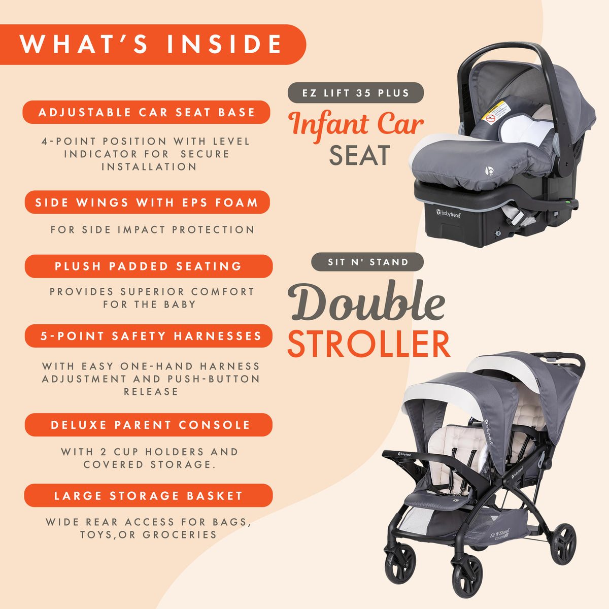 Baby Trend Sit N' Stand Double Stroller w/EZ-Lift Plus Infant Car Seat, Magnolia