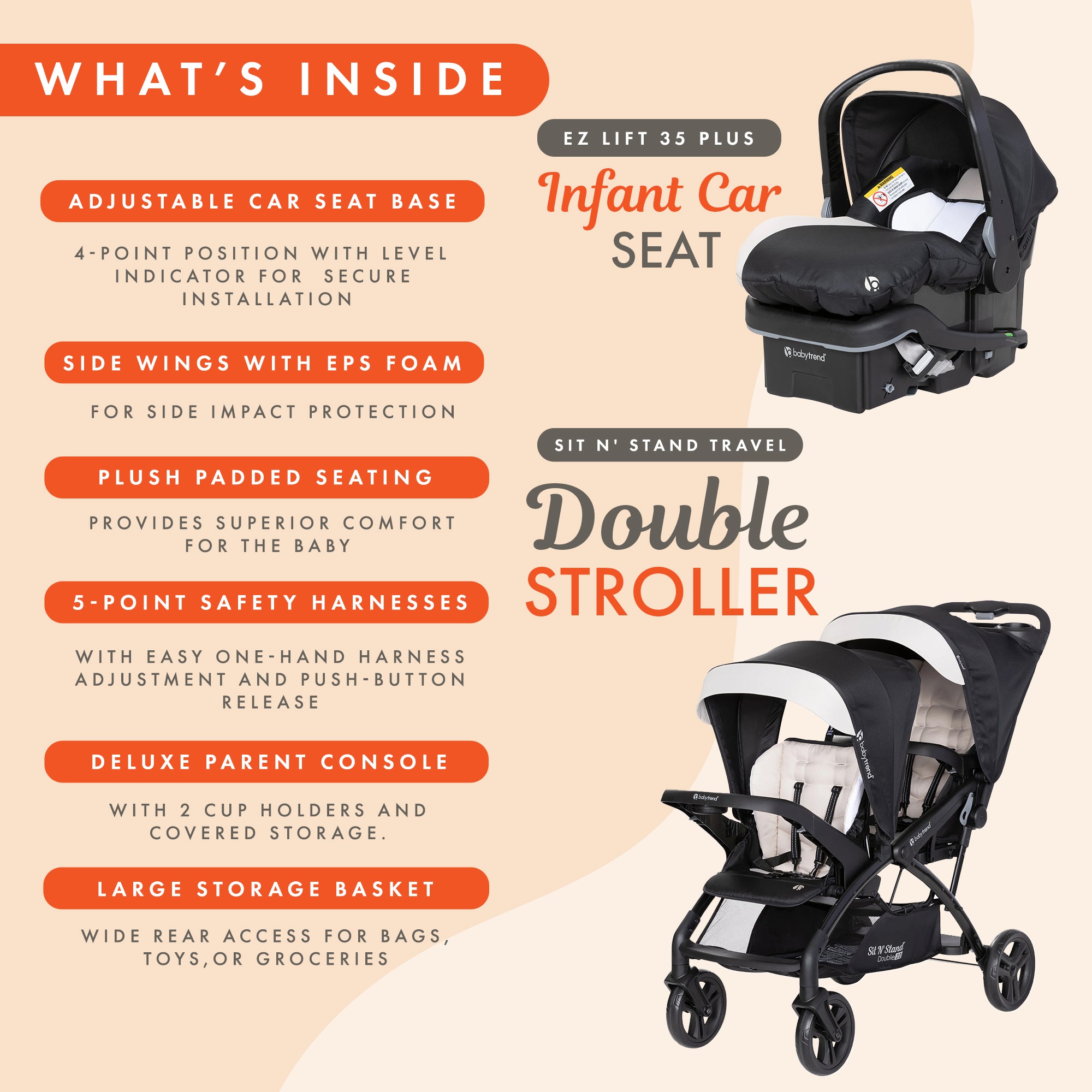 Baby Trend Sit N' Stand Double Stroller with EZ-Lift Plus Infant Car Seat, Khaki - VMInnovations