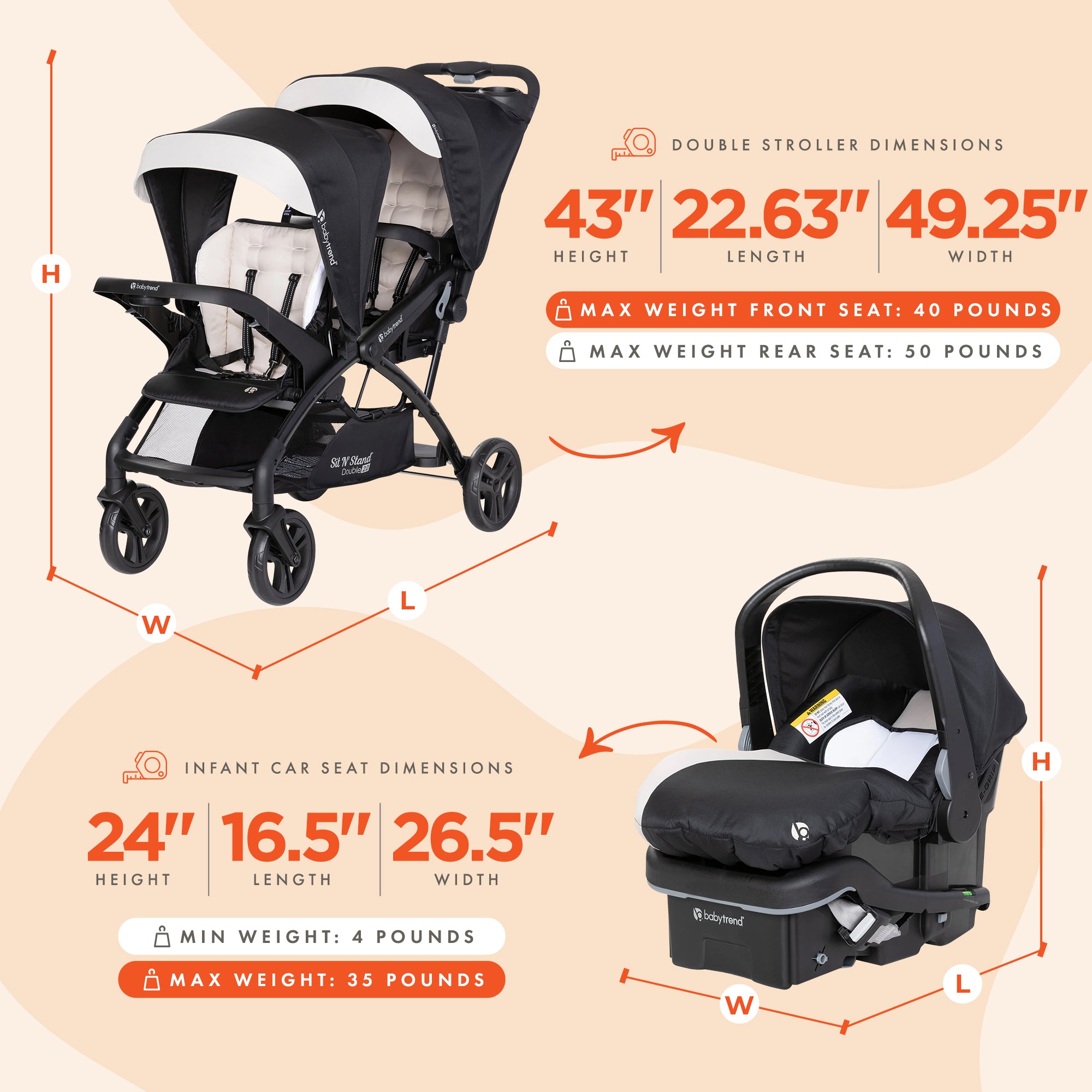 Baby Trend Sit N' Stand Double Stroller with EZ-Lift Plus Infant Car Seat, Khaki - VMInnovations