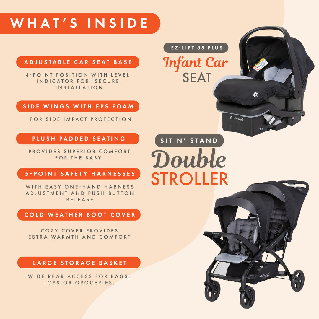 Baby Trend Sit N' Stand Double Stroller with EZ-Lift Car Seat (2 Pack), Stormy - VMInnovations