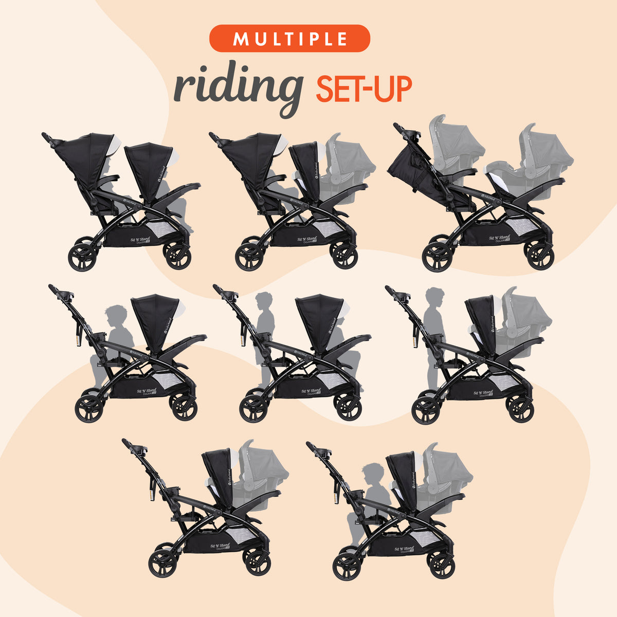 Baby Trend Sit N' Stand Double Stroller with EZ-Lift Car Seat (2 Pack), Khaki