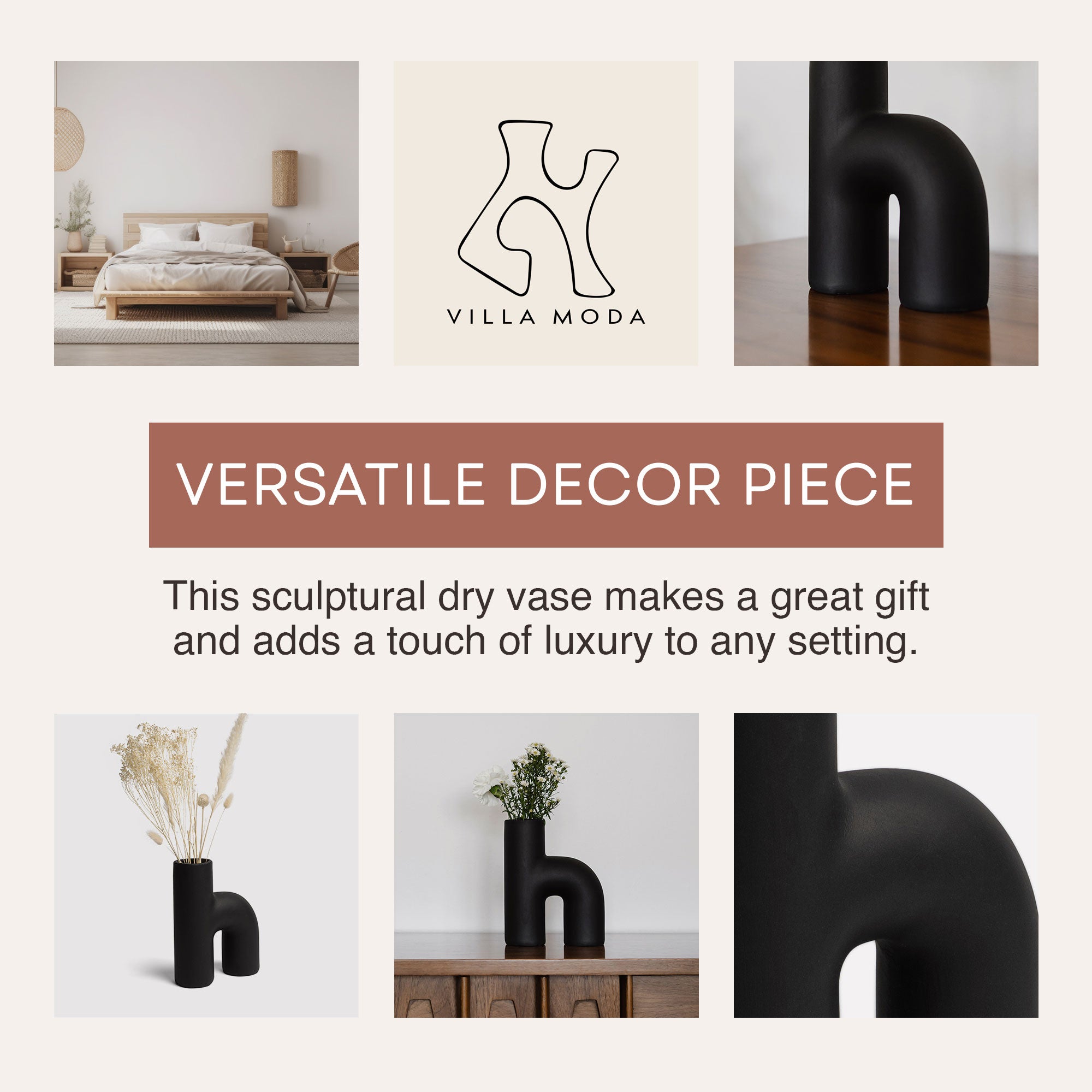 Villa Moda Lila Abstract Sculptural Decorative Modern Vase, Black (Open Box) - VMInnovations