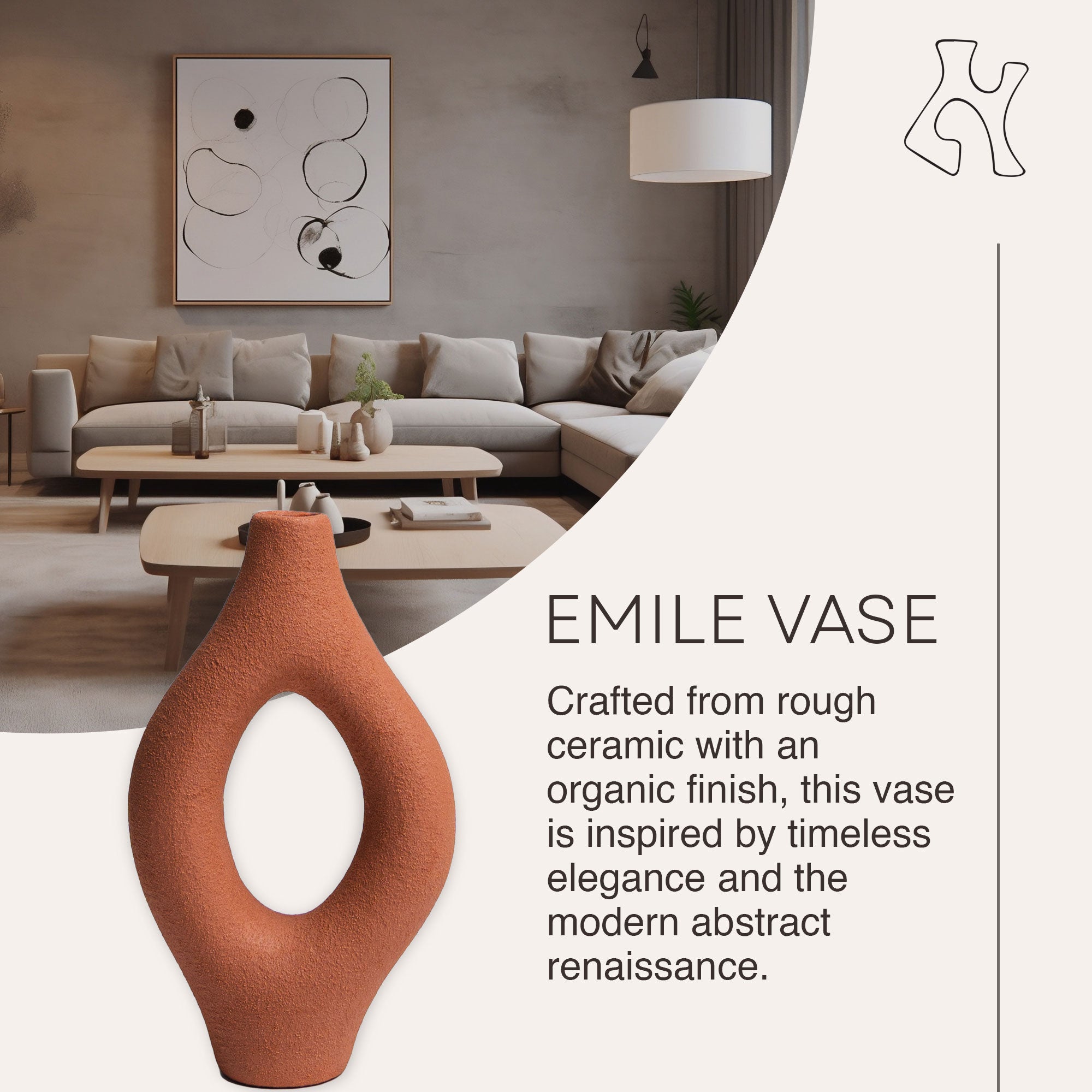 Villa Abstract Organic Decorative Modern Vase, Medium, Terracota (Open Box) - VMInnovations
