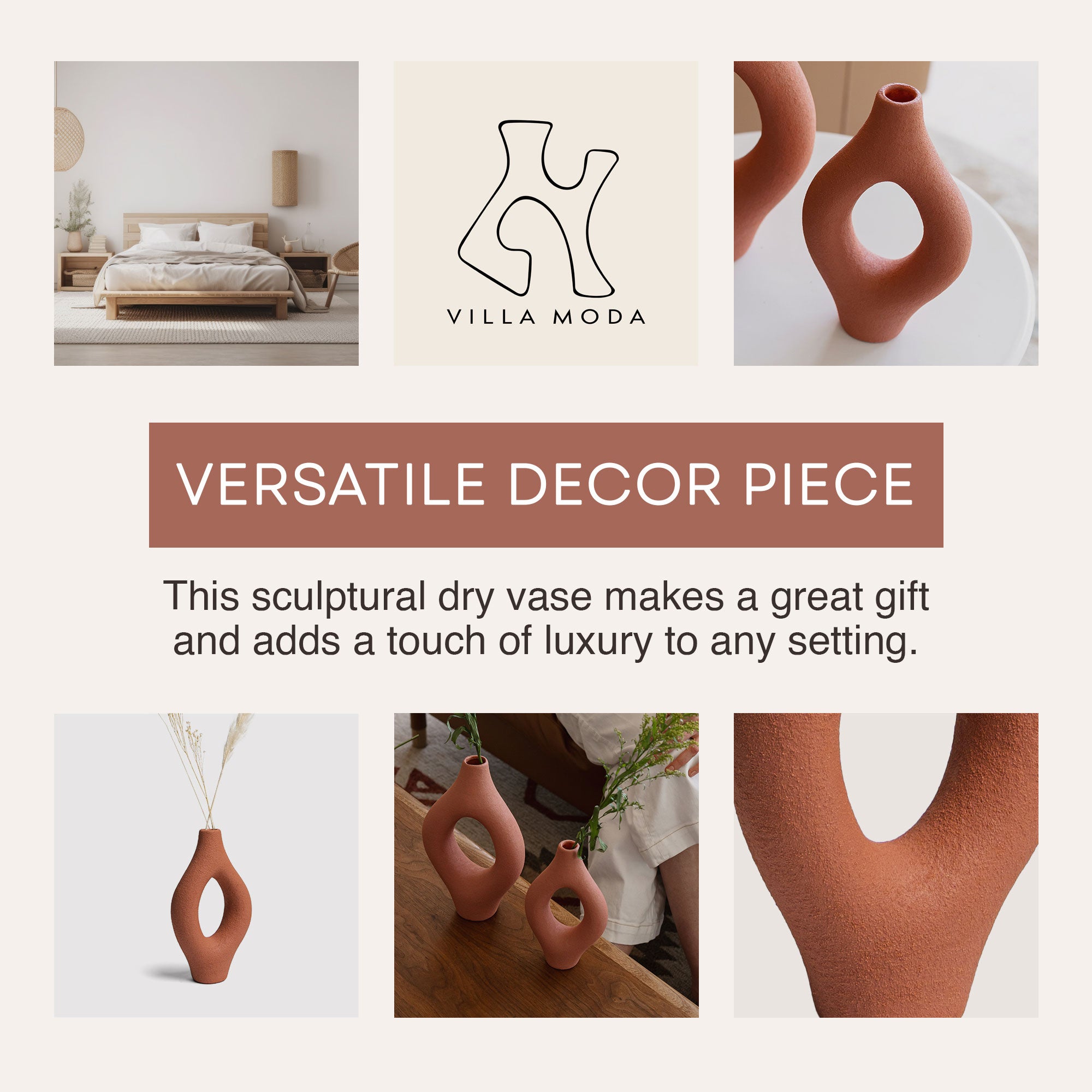 Villa Abstract Organic Decorative Modern Vase, Medium, Terracota (Open Box) - VMInnovations