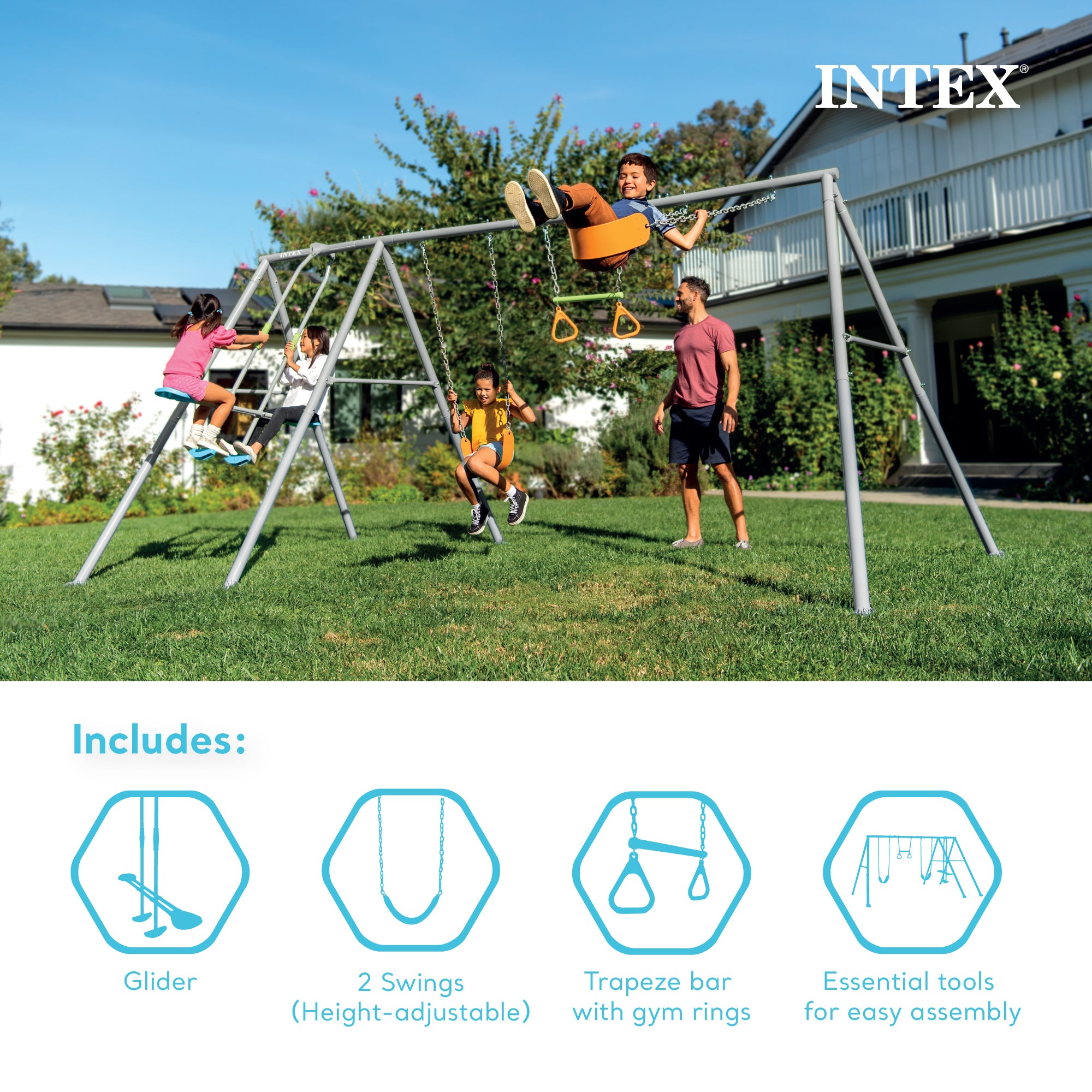 Intex 4 Activity Feature Colored Playground Swing with Trapeze Bar - VMInnovations