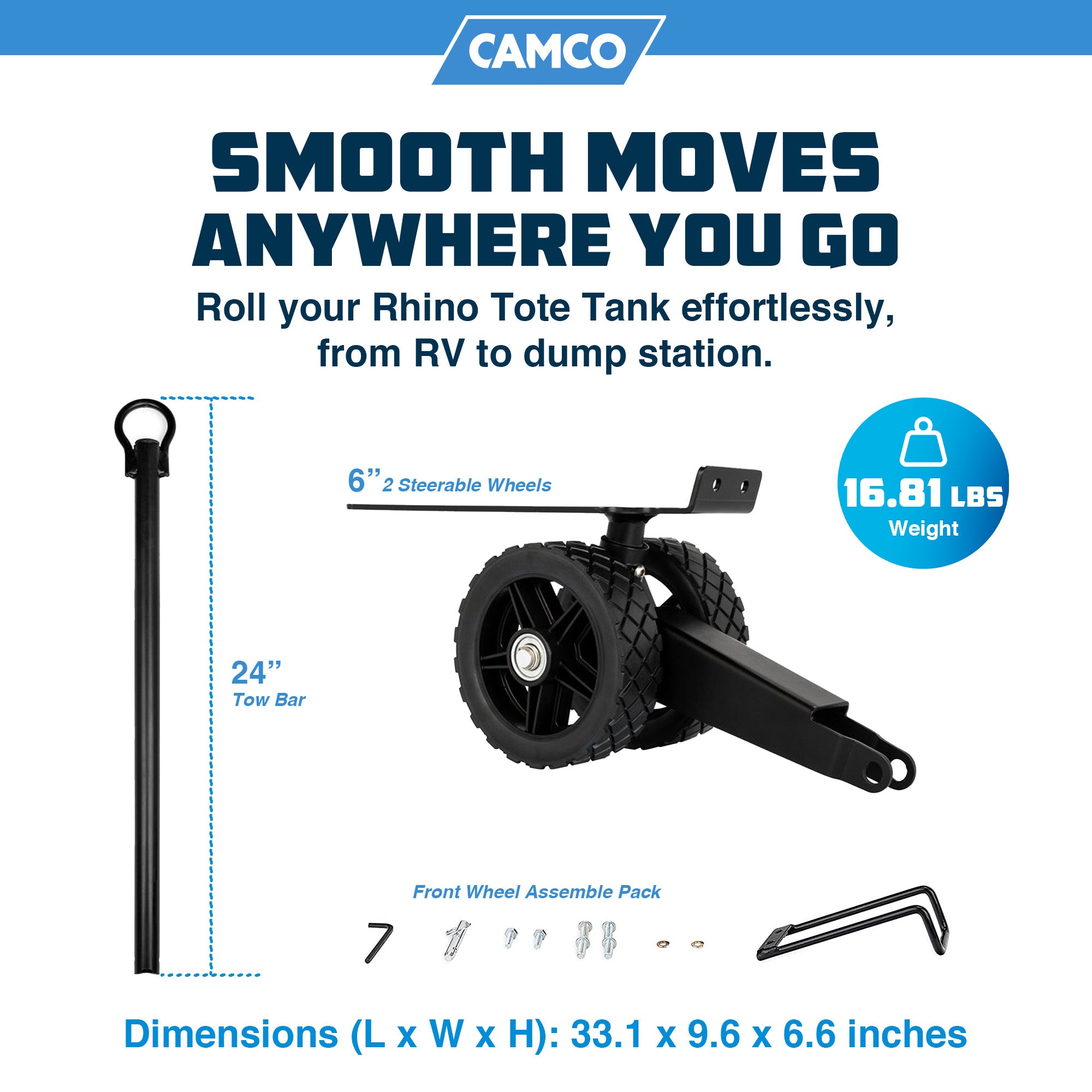 Camco Steerable Wheel Kit for 28 & 36 Gallon Rhino Tote Tank with Tow Bar Handle - VMInnovations