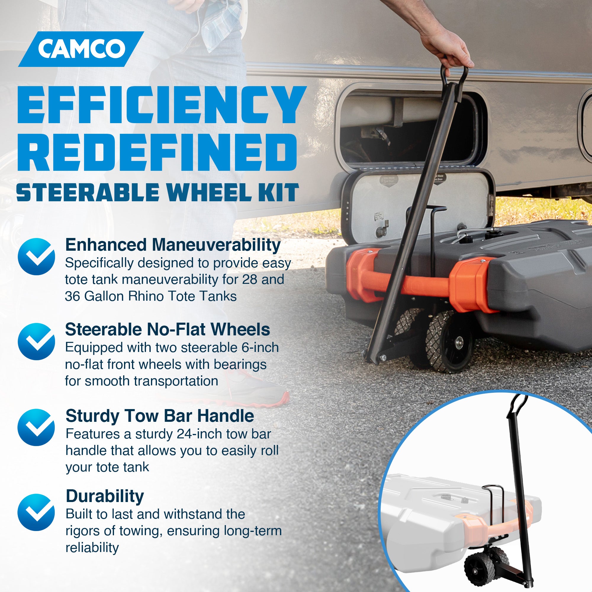 Camco Steerable Wheel Kit for 28 & 36 Gallon Rhino Tote Tank with Tow Bar Handle - VMInnovations
