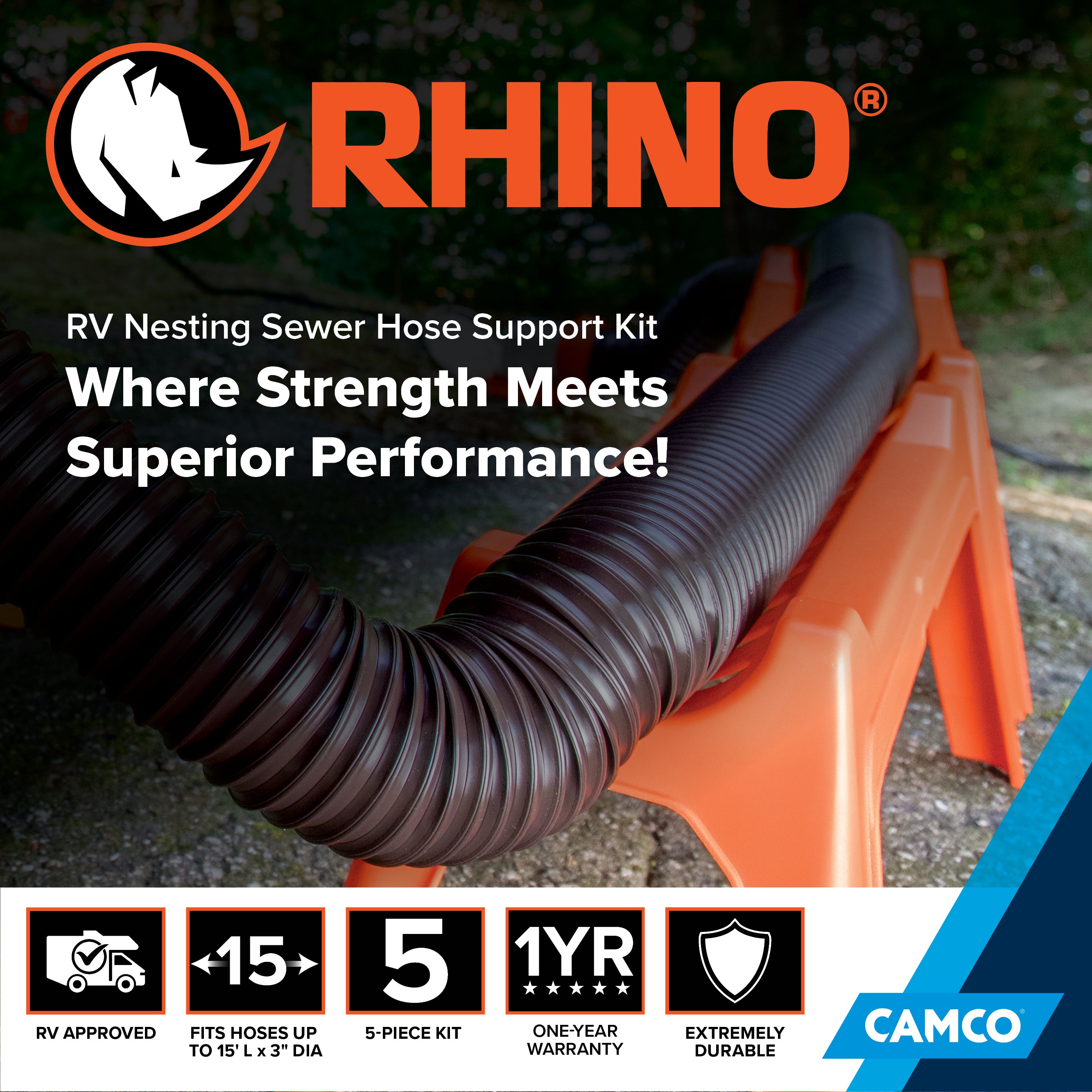 Camco Rhino Nesting RV Sewer Hose Support Kit for Stable Drainage, (Set of 5)