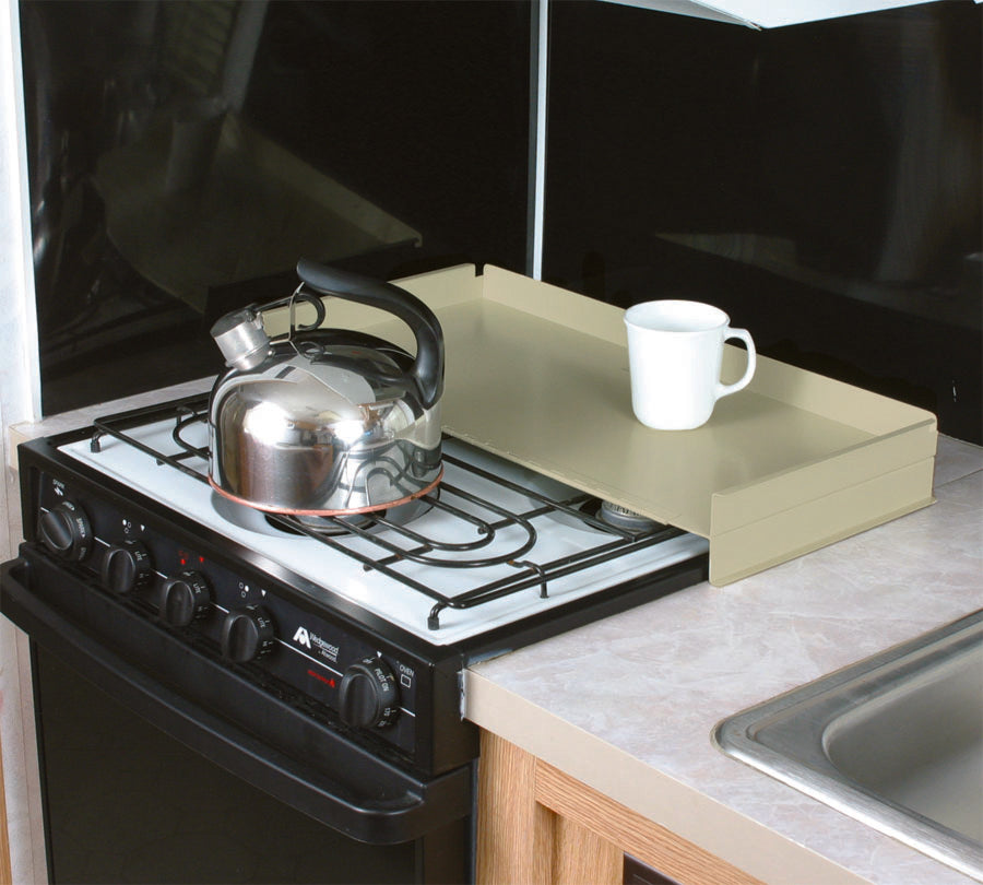 Camco Universal Fit Splash Guard Steel Stove Top Cover for RV or Campers, Almond - VMInnovations