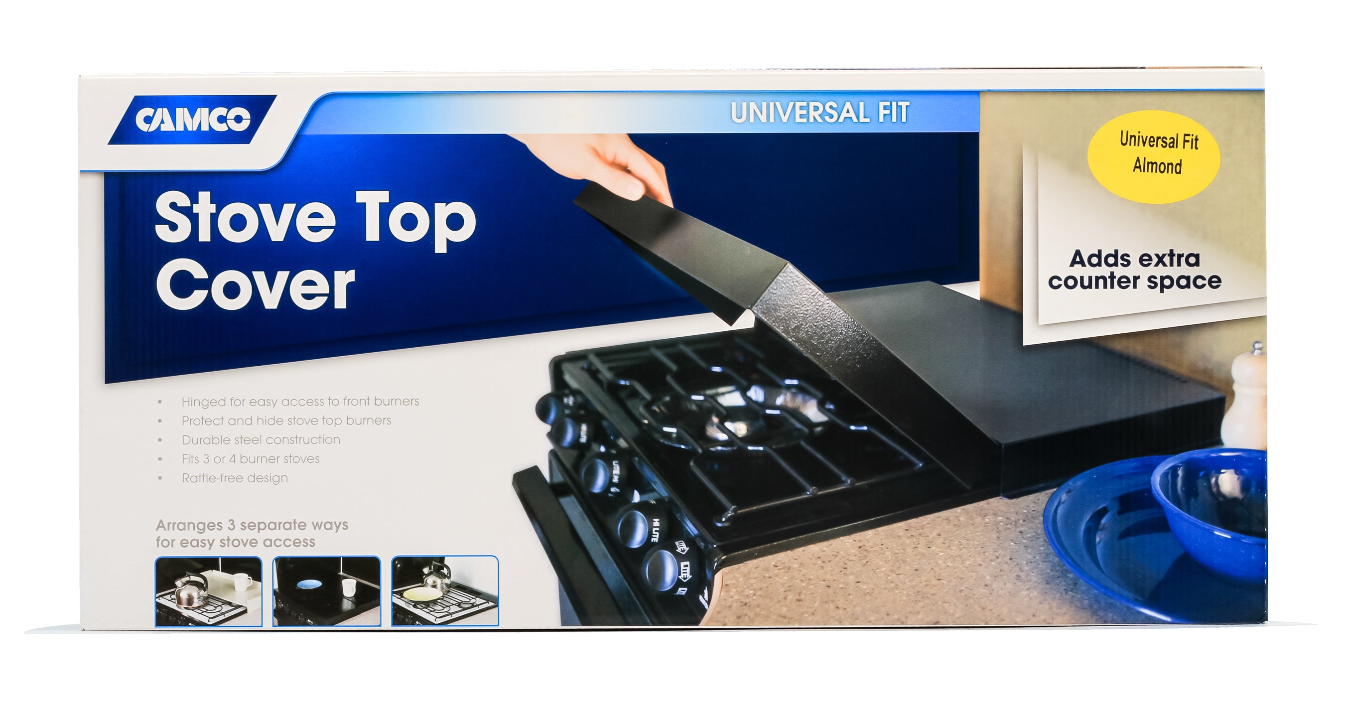 Camco Universal Fit Splash Guard Steel Stove Top Cover for RV or Campers, Almond - VMInnovations