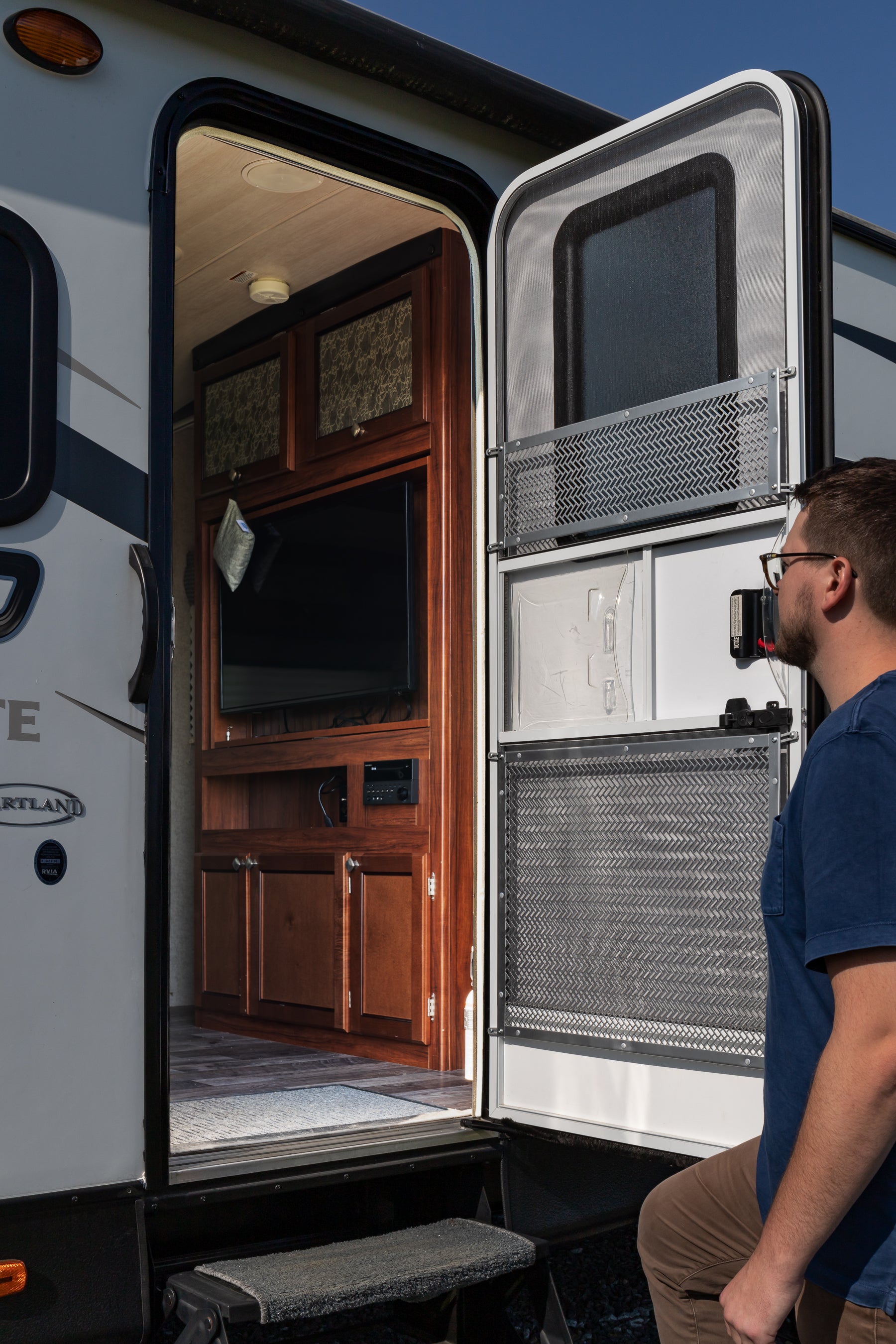 Camco Premium Lower RV Adjustable Protective Metal Screen Door Grille, Silver - VMInnovations