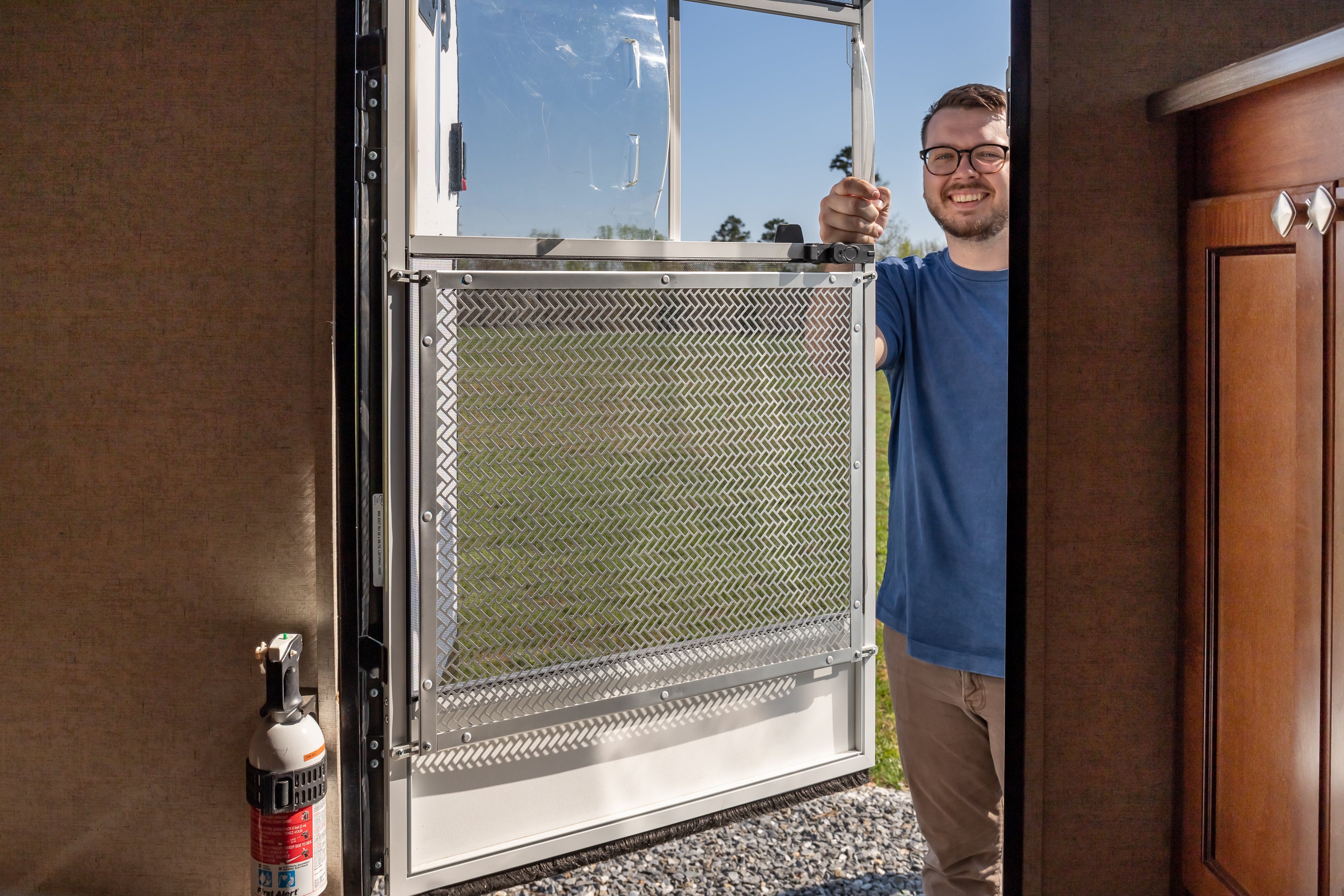 Camco Premium Lower RV Adjustable Protective Metal Screen Door Grille, Silver - VMInnovations