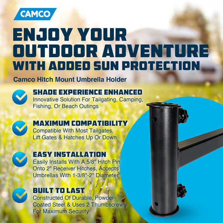 Camco Durable Alloy Steel Hitch Mount Umbrella Holder for Shaded Outdoor Events - VMInnovations