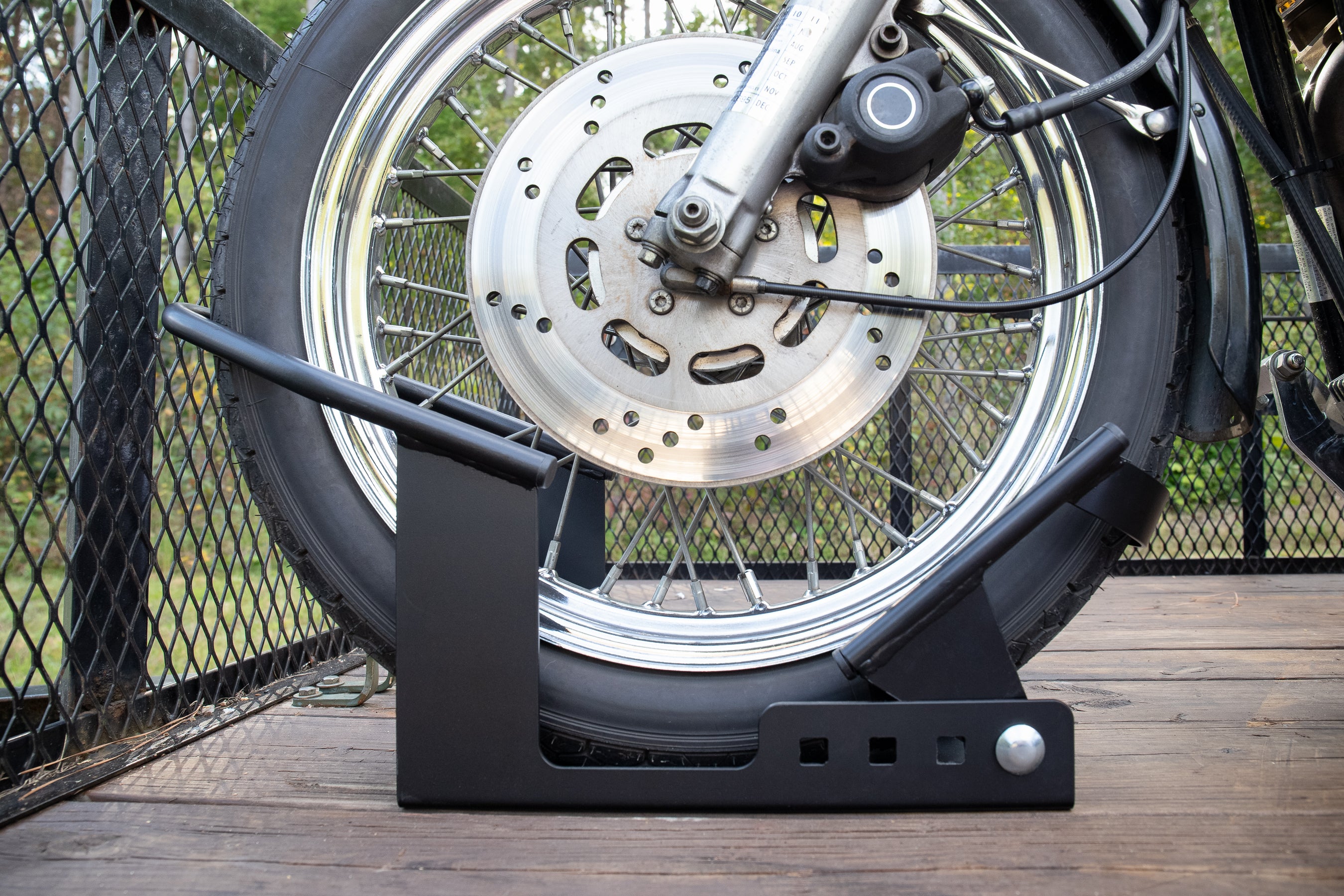 Camco Motorcycle Wheel Chock Mount with Handlebar Straps & Universal Tire Fit - VMInnovations