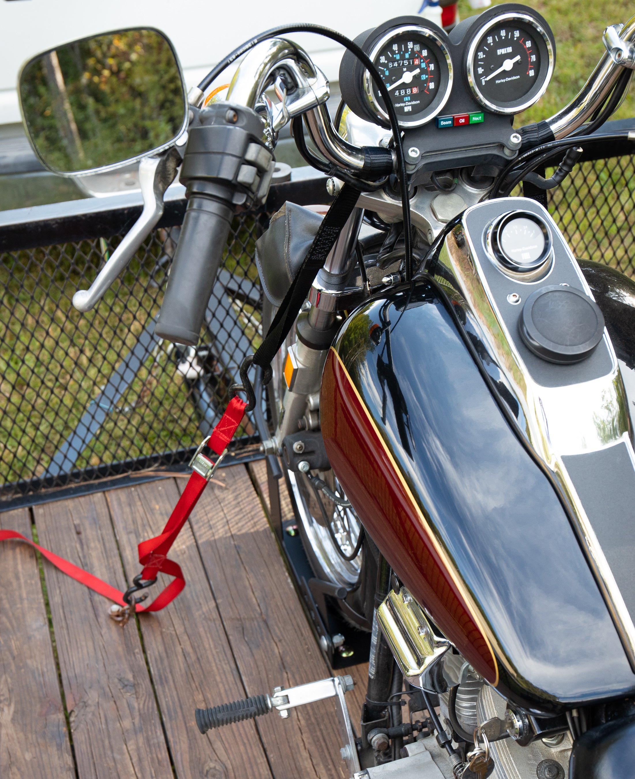 Camco Motorcycle Wheel Chock Mount with Handlebar Straps & Universal Tire Fit - VMInnovations