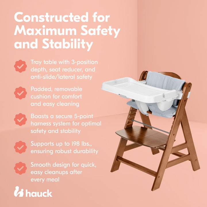 hauck Alpha+ Grow Along Walnut Wooden High Chair, Tray Table & Deluxe Cushion - VMInnovations