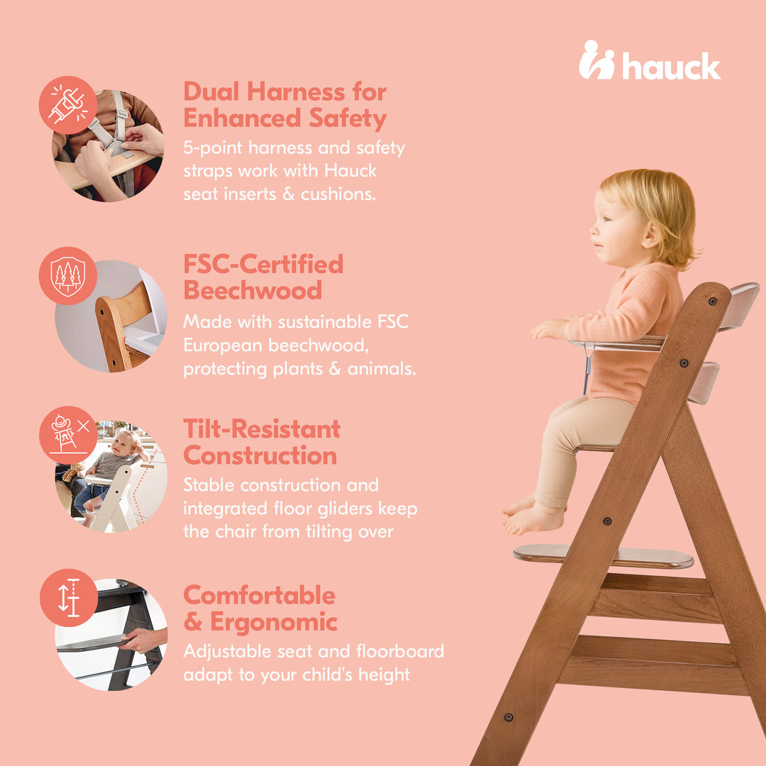 hauck Alpha+ Grow Along Walnut Wooden High Chair, Tray Table & Deluxe Cushion - VMInnovations