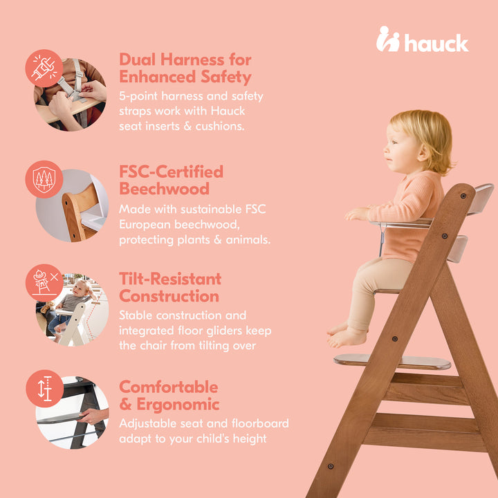 hauck Alpha+ Grow Along Walnut Wooden High Chair, Tray Table & Deluxe Cushion - VMInnovations