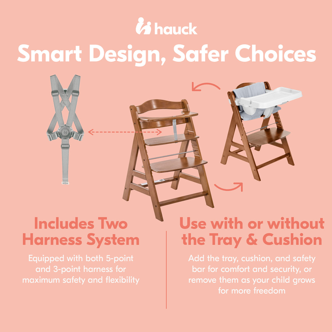 hauck Alpha+ Grow Along Walnut Wooden High Chair, Tray Table & Deluxe Cushion - VMInnovations