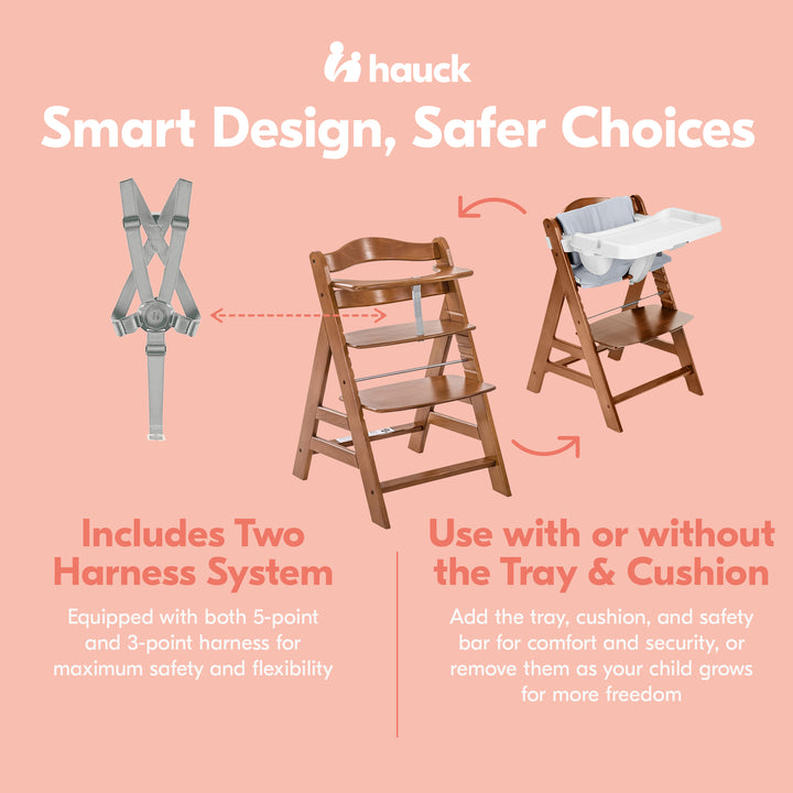 hauck Alpha+ Grow Along Walnut Wooden High Chair, Tray Table & Deluxe Cushion - VMInnovations