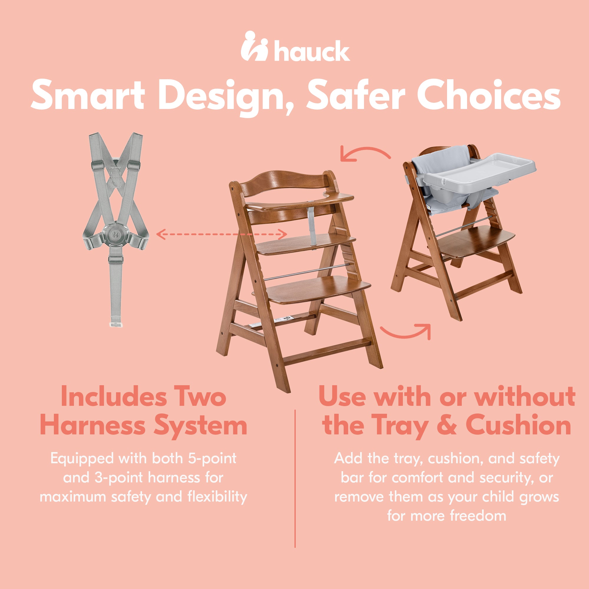 hauck Alpha+ Grow Along Walnut Wooden High Chair, Tray & Deluxe Cushion, Grey
