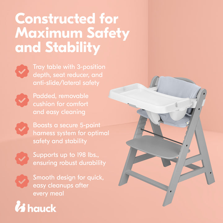 hauck Alpha+ Grow Along Wooden High Chair w/Alpha Tray Table & Deluxe Cushion - VMInnovations