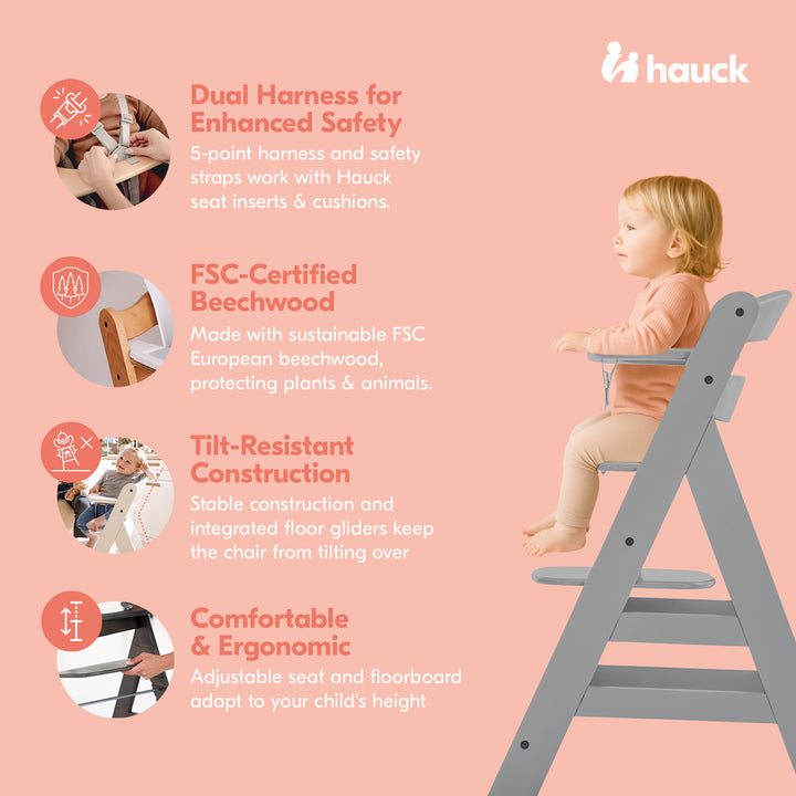 hauck Alpha+ Grow Along Wooden High Chair w/Alpha Tray Table & Deluxe Cushion - VMInnovations