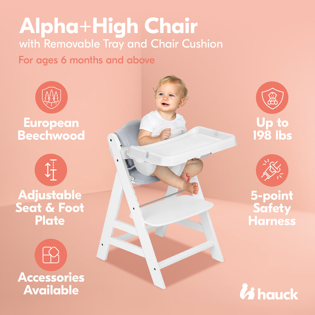 hauck AlphaPlus Grow Along White Wooden High Chair, Tray Table, & Grey Cushion - VMInnovations