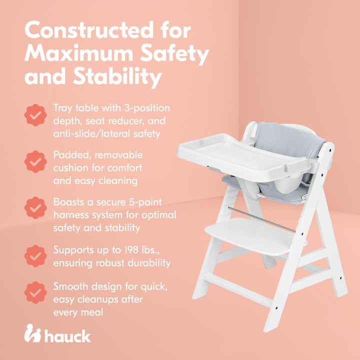 hauck AlphaPlus Grow Along White Wooden High Chair, Tray Table, & Grey Cushion - VMInnovations