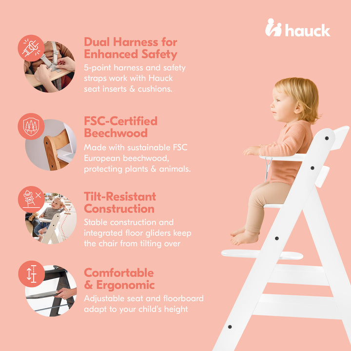hauck AlphaPlus Grow Along White Wooden High Chair, Tray Table, & Grey Cushion - VMInnovations