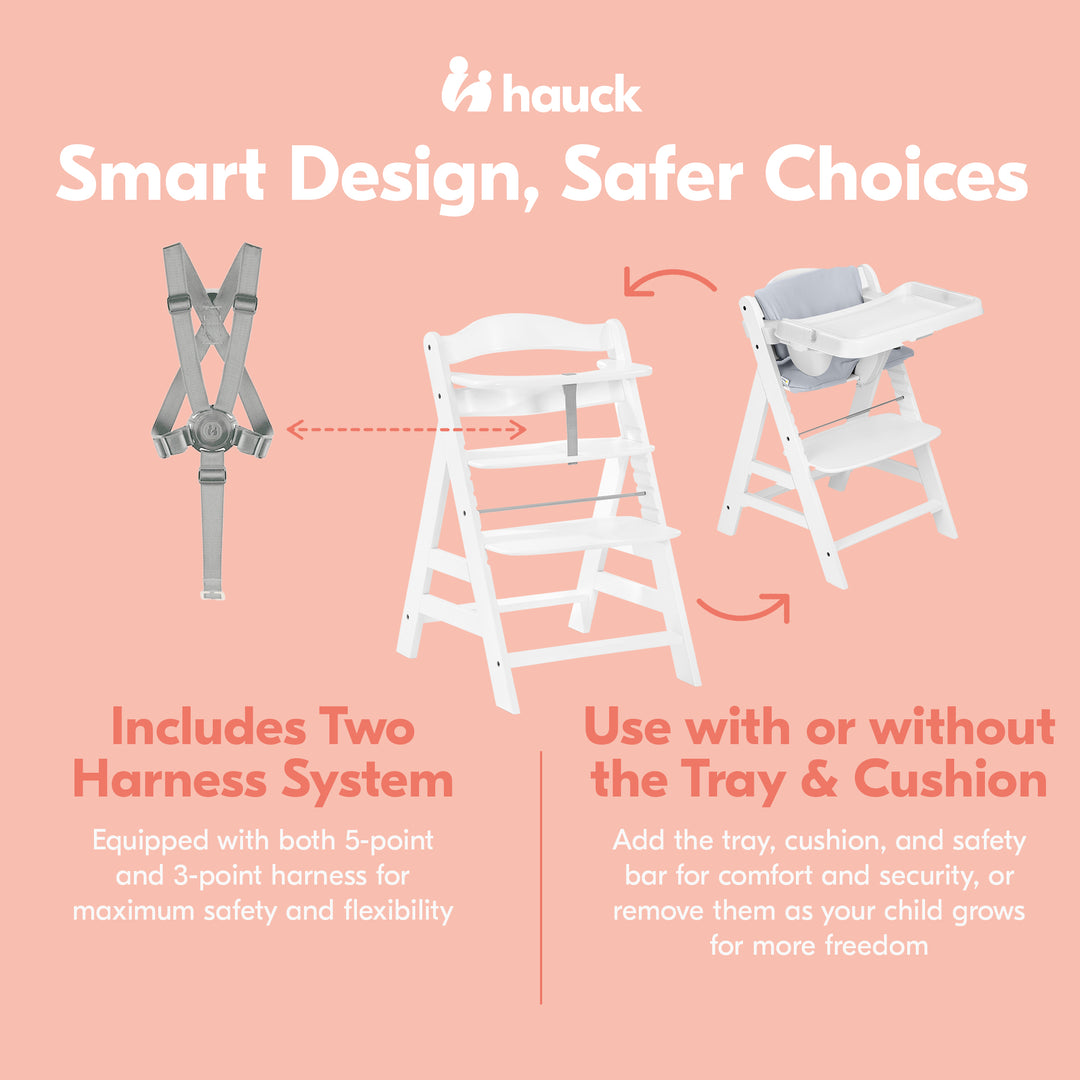 hauck AlphaPlus Grow Along White Wooden High Chair, Tray Table, & Grey Cushion - VMInnovations